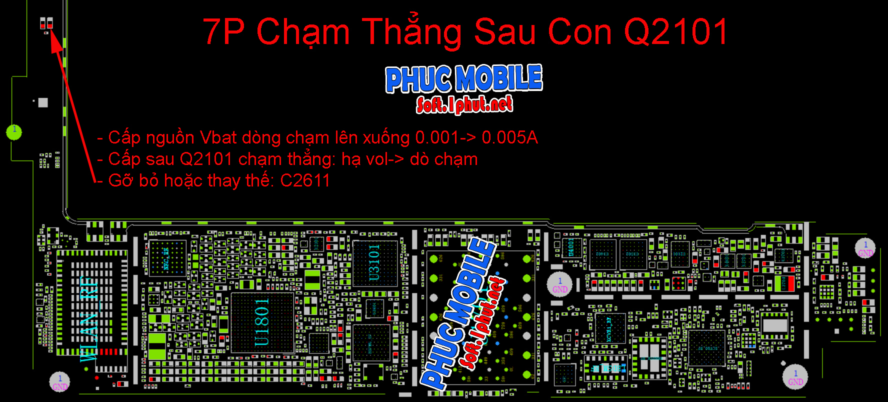 SỬA CHỮA IPHONE 7P MẤT NGUỒN, Chạm nguồn sau con Q2101